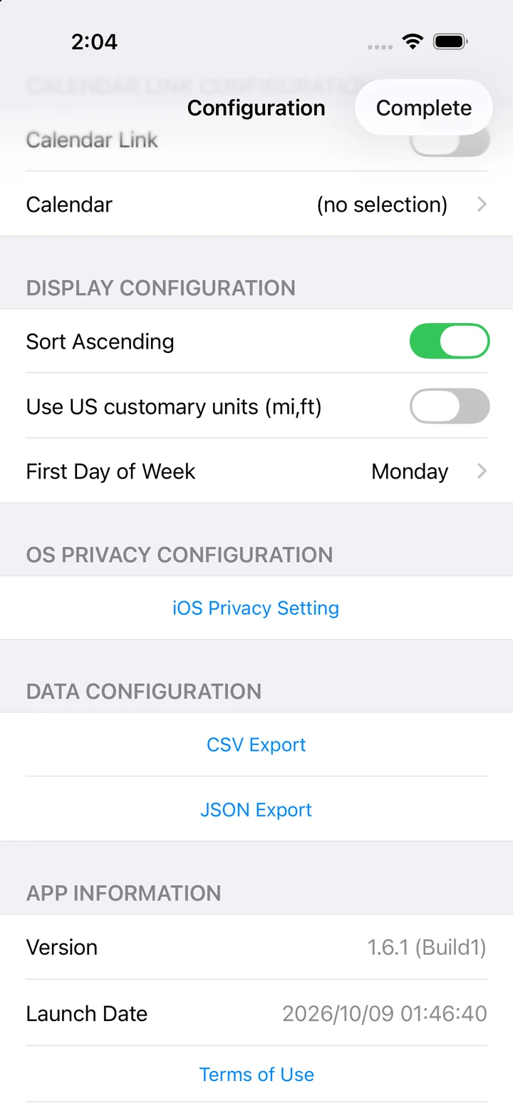 Settings with CSV and JSON export options