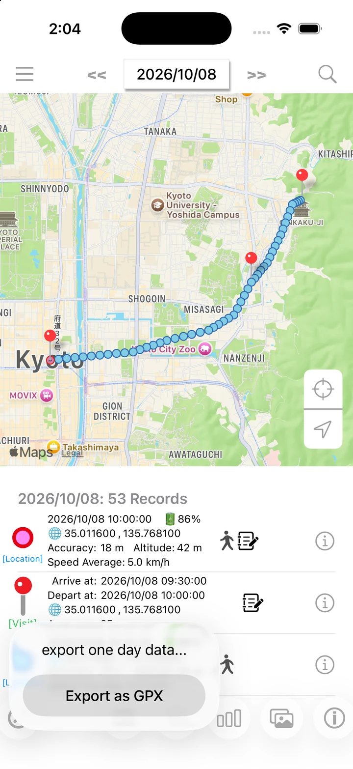 Menu for exporting one day's data as GPX