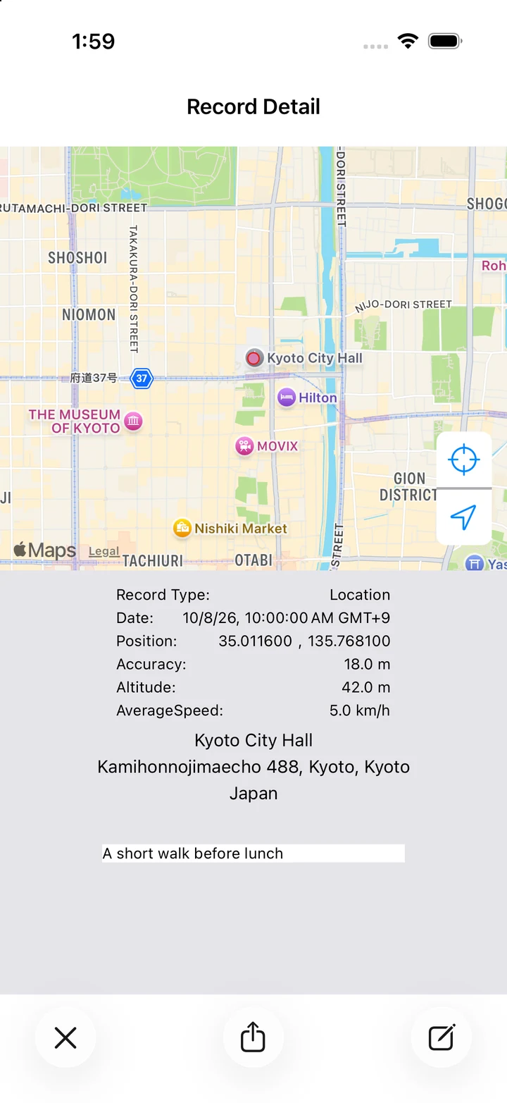 Location details showing timestamp, altitude, and average speed