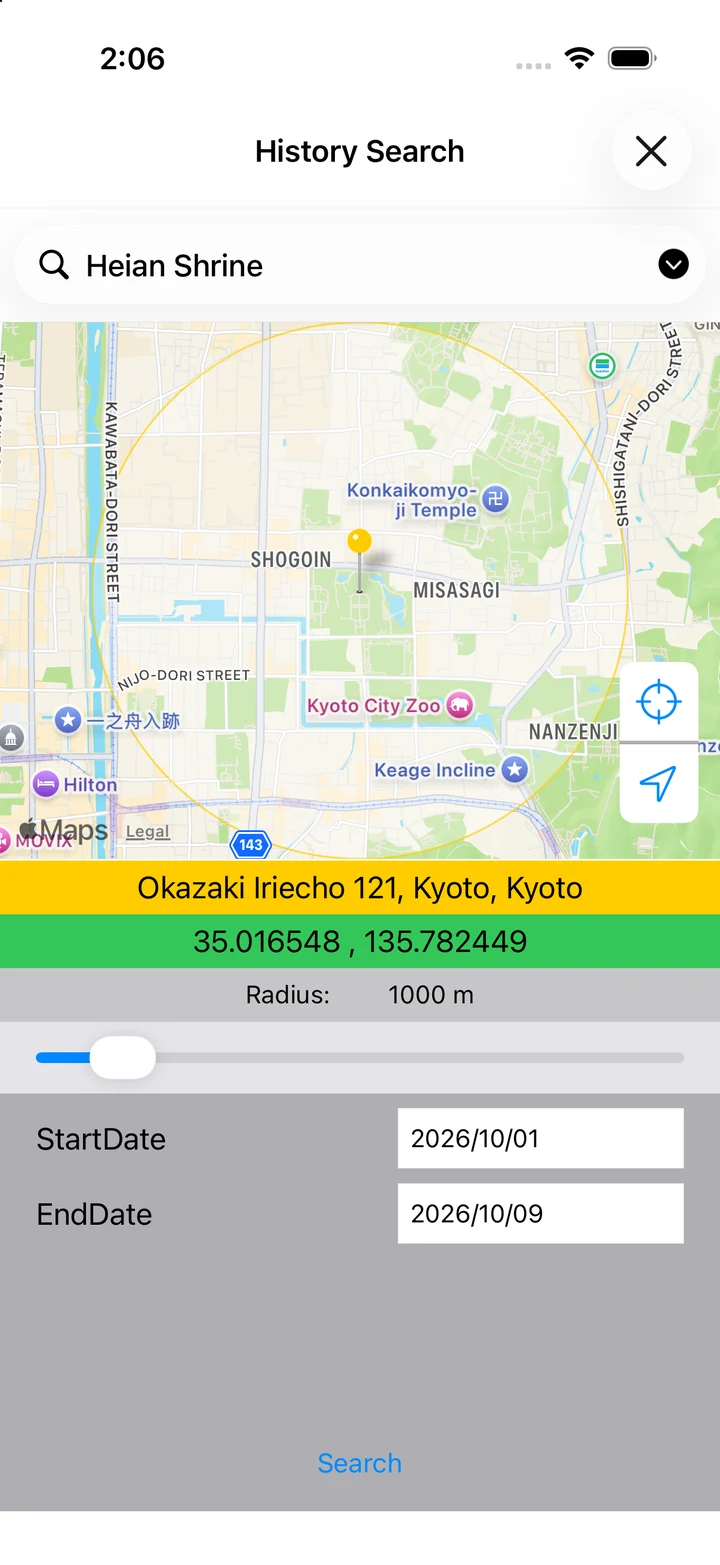 Search centered on Kyoto City Hall with a 1,000 m radius and date range