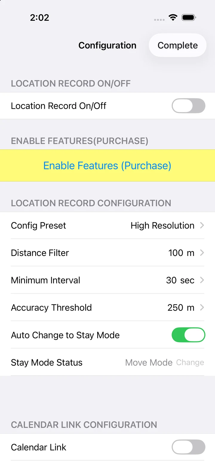 Location recording and interval settings