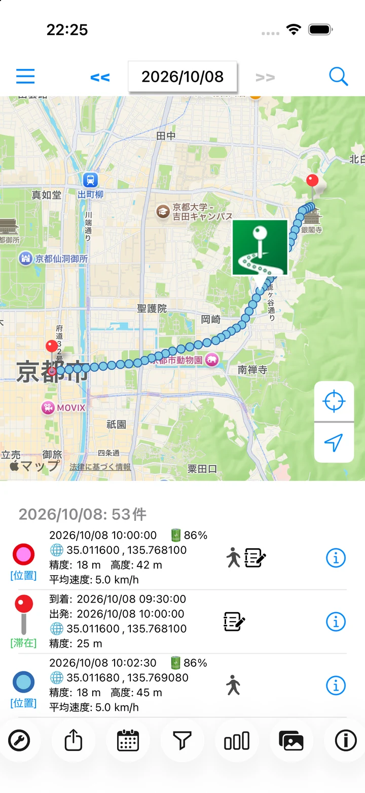 架空の旅行ルートと位置付きサンプル写真を表示した地図